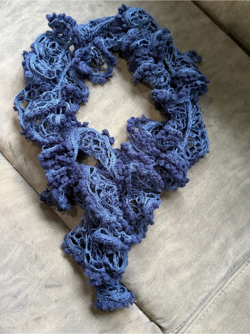 Handmade Navy Blue Ruffled Crochet Scarf - Picture 5 of 6